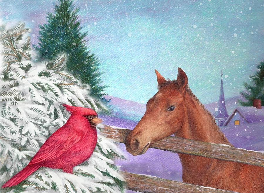 Winterscape with horse and cardinal Painting by Judith Cheng