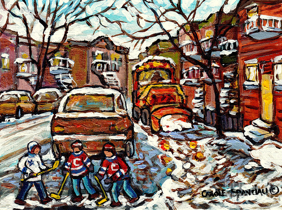 Hockey Painting - Winterscene Paintings For Sale Sidewalk Snowplow Parking Space Street Hockey Carole Spandau          by Carole Spandau