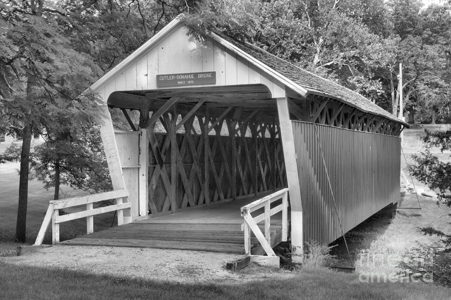 Bridge Photograph - Winterset City Park Covered Bridge Black And White by Adam Jewell