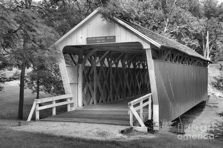 Bridge Photograph - Winterset Iowa Covered Bridge Black And White by Adam Jewell