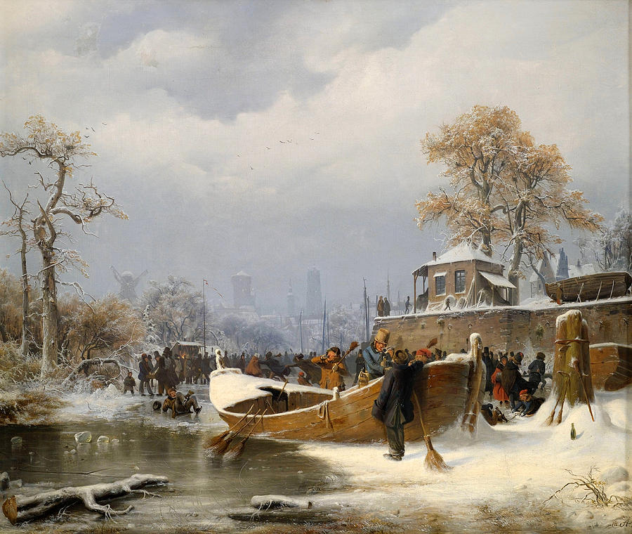 Wintry boat dock Painting by Attributed to Andreas Achenbach