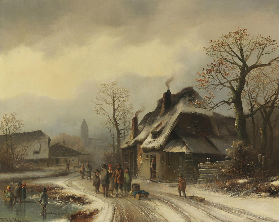 Wintry Village View Painting by Anton Doll