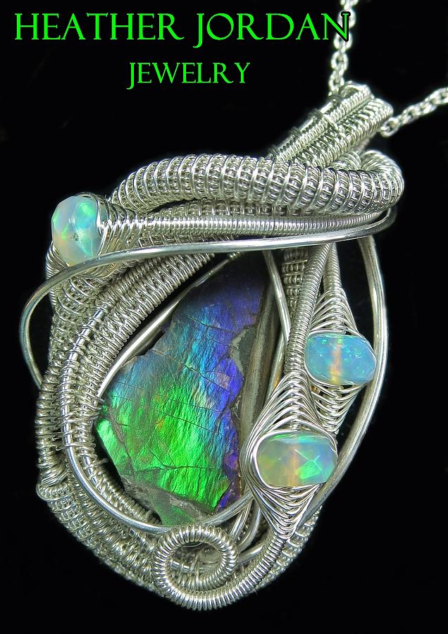 Ammolite Pendant Jewelry - Wire-Wrapped Ammolite Pendant in Tarnish-Resistant Sterling Silver with Ethiopian Welo Opals - 13 by Heather Jordan