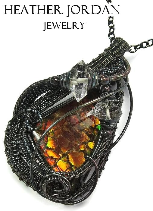 Ammolite Pendant Jewelry - Wire-Wrapped Dragon Skin Ammolite Pendant in Antiqued Sterling Silver with Herkimer Diamonds - 12 by Heather Jordan