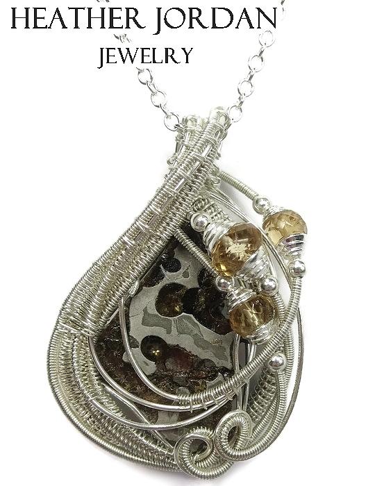 Heather Jordan Jewelry - Wire-Wrapped Seymchan Pallasite Meteorite Pendant in Tarnish-Resistant Sterling Silver with Citrine by Heather Jordan