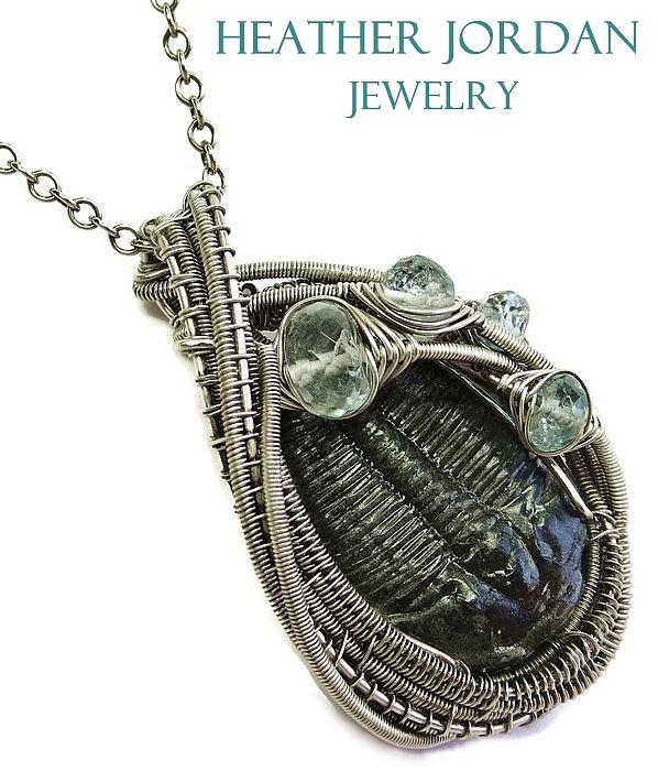 Heather Jordan Jewelry - Wire-Wrapped Trilobite Fossil Pendant in Antiqued Sterling Silver with Aquamarine TRILSS8 by Heather Jordan