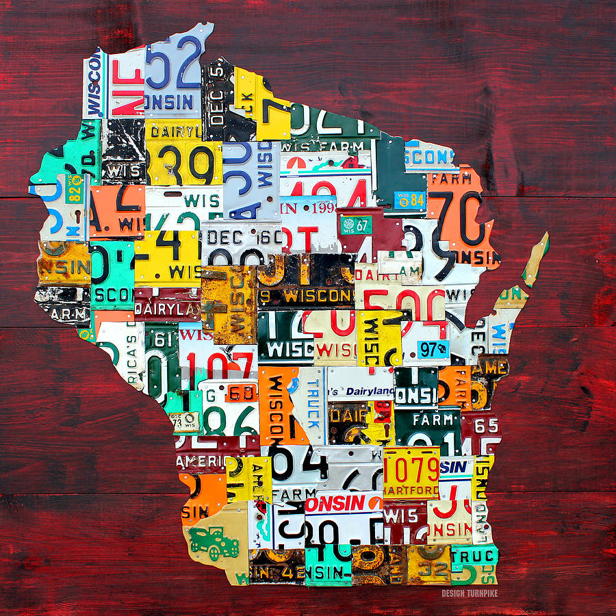 Wisconsin Counties Vintage Recycled License Plate Map Art on Red Barn Wood Mixed Media by Design Turnpike