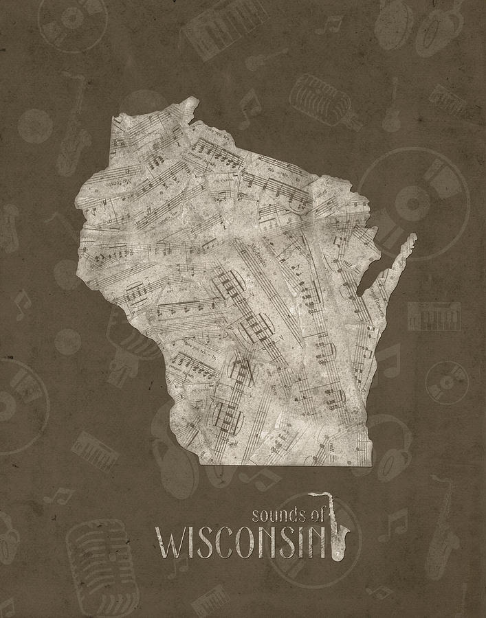 Wisconsin Map Music Notes 3 Digital Art by Bekim M