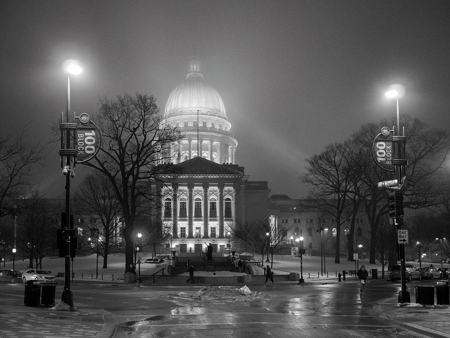 Wisconsin State Capitol-Foggy Night Photograph by Todd Bannor