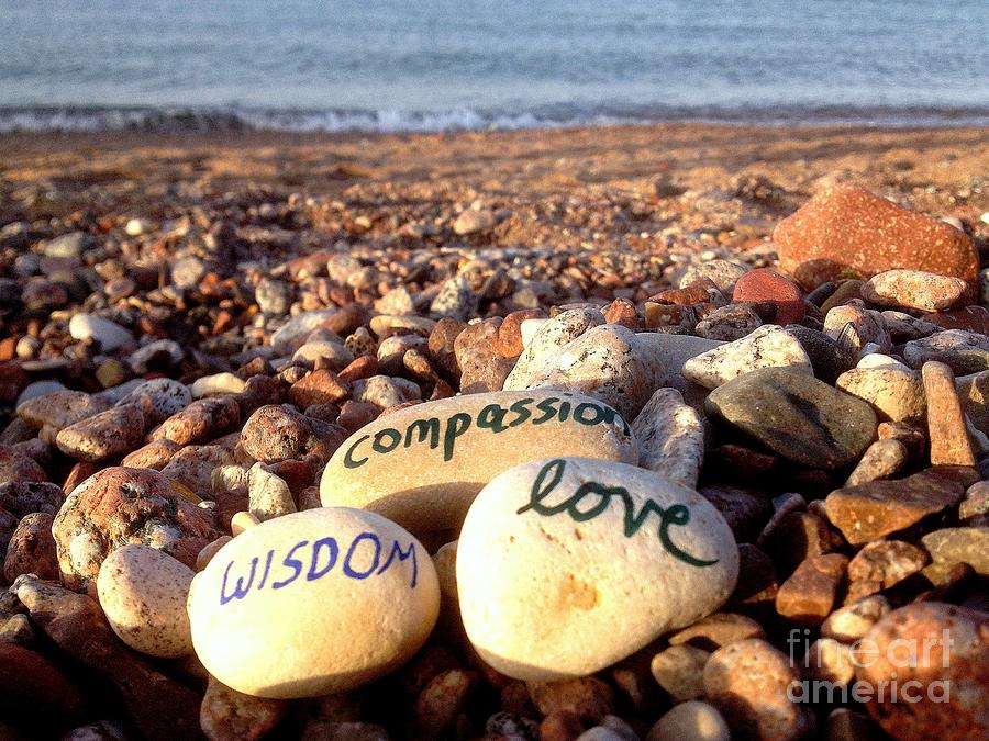 Beach Photograph - Wisdom Compassion and Love on Ocean Pebbles by Noa Yerushalmi