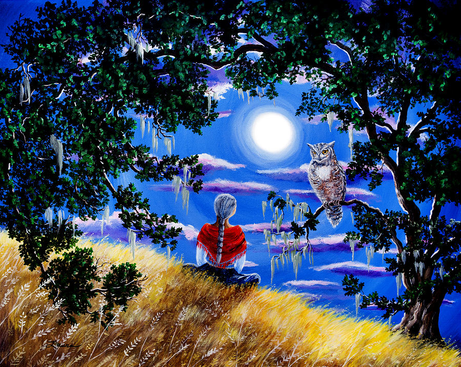 Wise Woman and Owl Full Moon Meditation Painting by Laura Iverson