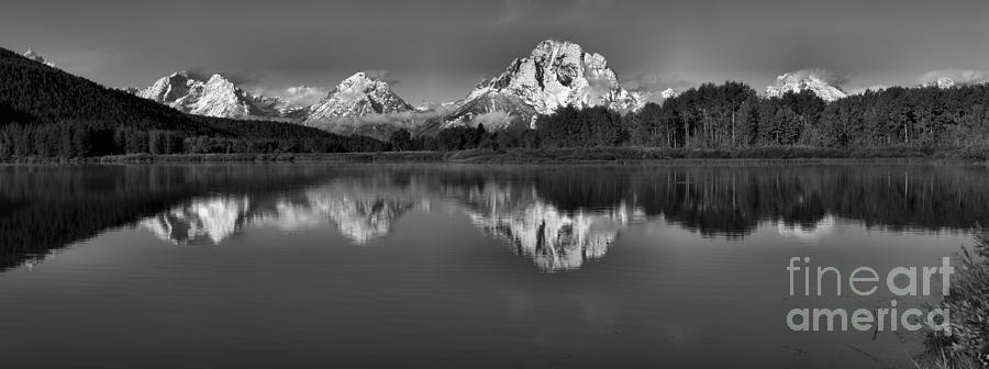 Wispy Clouds Over Snow Capped Tetons Black And White Photograph by Adam Jewell
