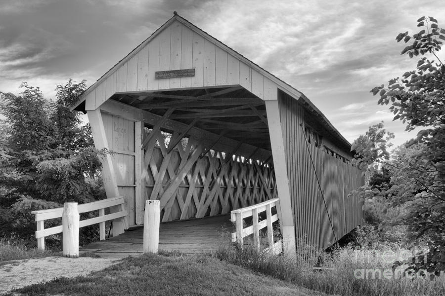 Wispy Clouds Over The Imes Covered Bridge Black And White Photograph by Adam Jewell