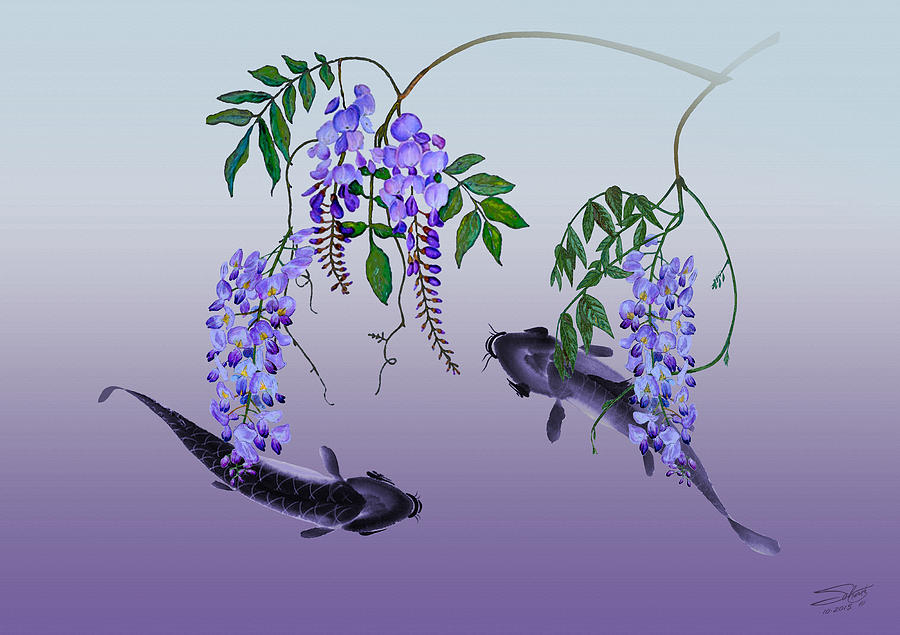 Wisteria and Carp Painting by M Spadecaller
