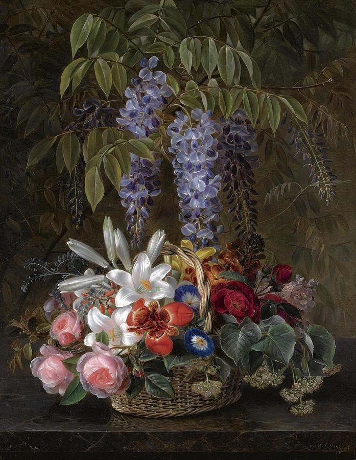 Wisteria with Roses Lilies and Summer Flowers in a Basket Painting by Johan Laurentz Jensen