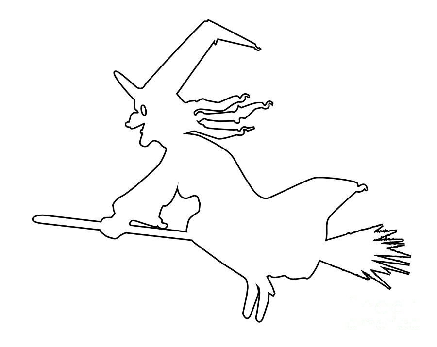 black outline of a witch on a broom
