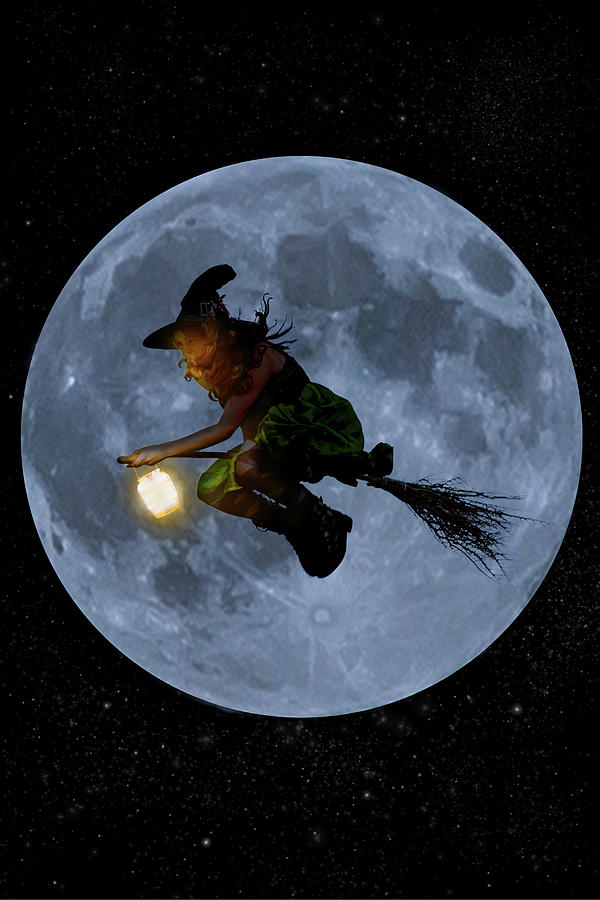 Witch flying at full moon. Photograph by Maggie Mccall