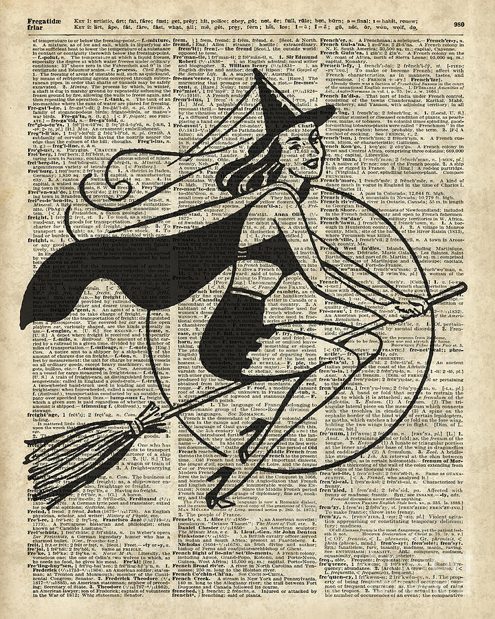 Halloween Digital Art - Witch Flying on Broom,Haloowen in Vintage Style Dictionary Art by Anna W