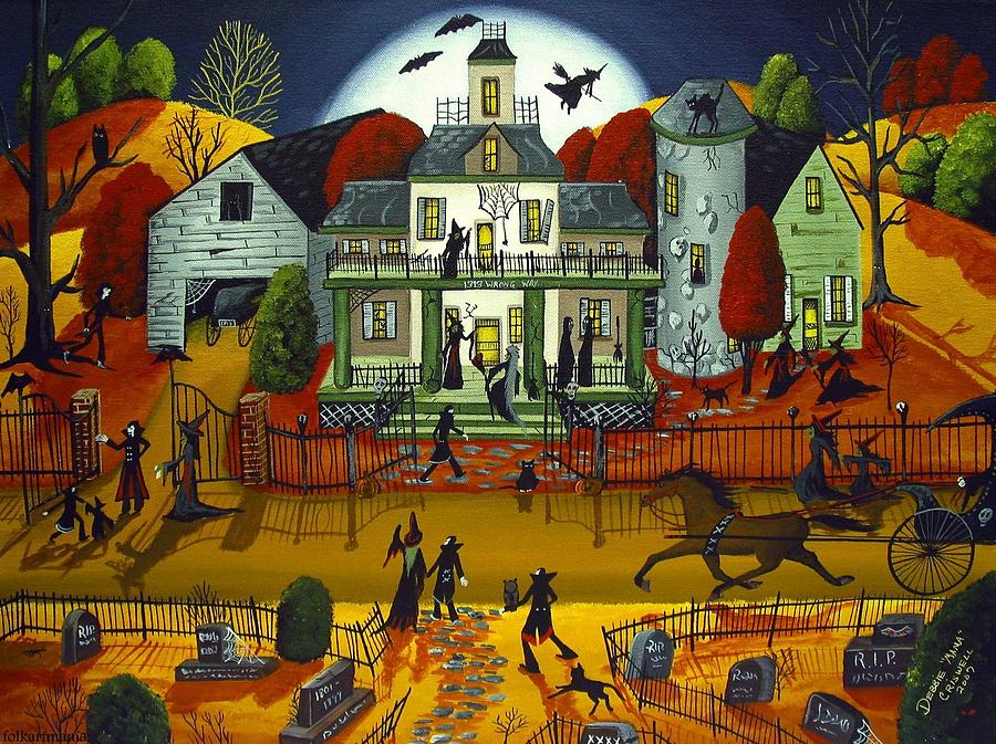 Witch Party - artist folkartmama Painting by Debbie Criswell