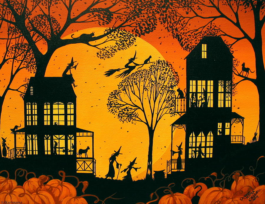 Witchly Neighbors - folkartmama  Painting by Debbie Criswell