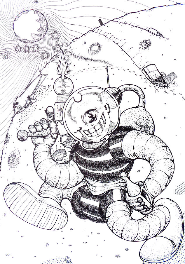 Flash Gordon Drawing - Spaceman With a Soda and a Stargun Original Black and White Pen Art By Rune Larsen by Rune Larsen
