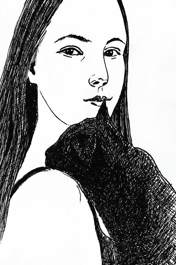 With Black Cat Drawing by Masha Batkova
