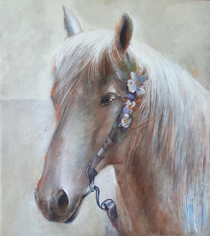 With flowers in her hair-white horse painting by Vali Irina Ciobanu  Painting by Vali Irina Ciobanu