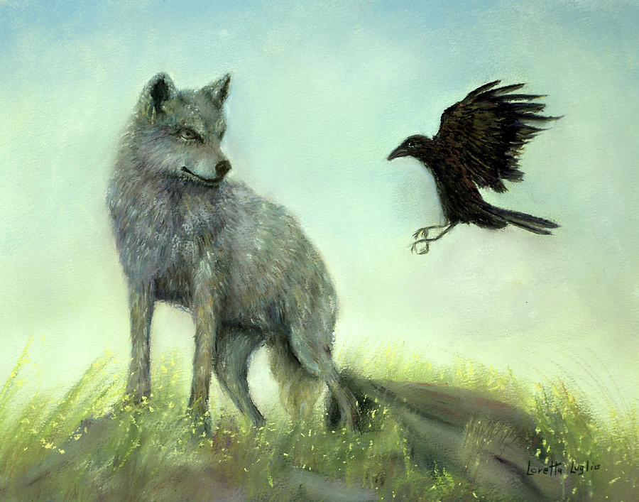 Wolf and Crow Pastel by Loretta Luglio