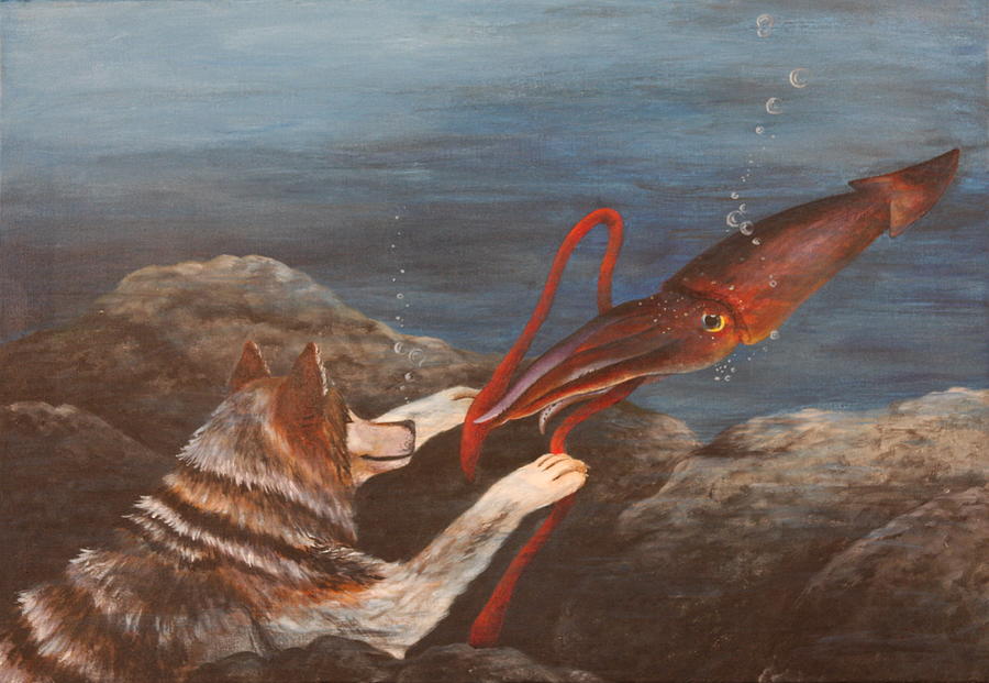 Wolf and Squid Painting by Michelle Miron-Rebbe