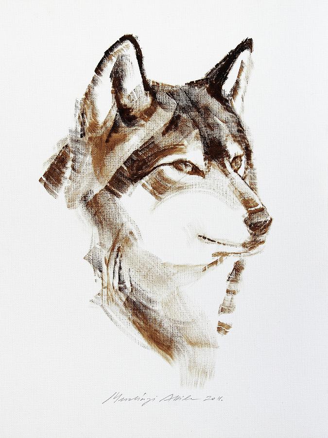  Wolf Head Brush Drawing Painting by Attila Meszlenyi