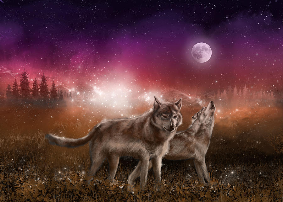 Wolf In The Moonlight Red Painting by Bekim M