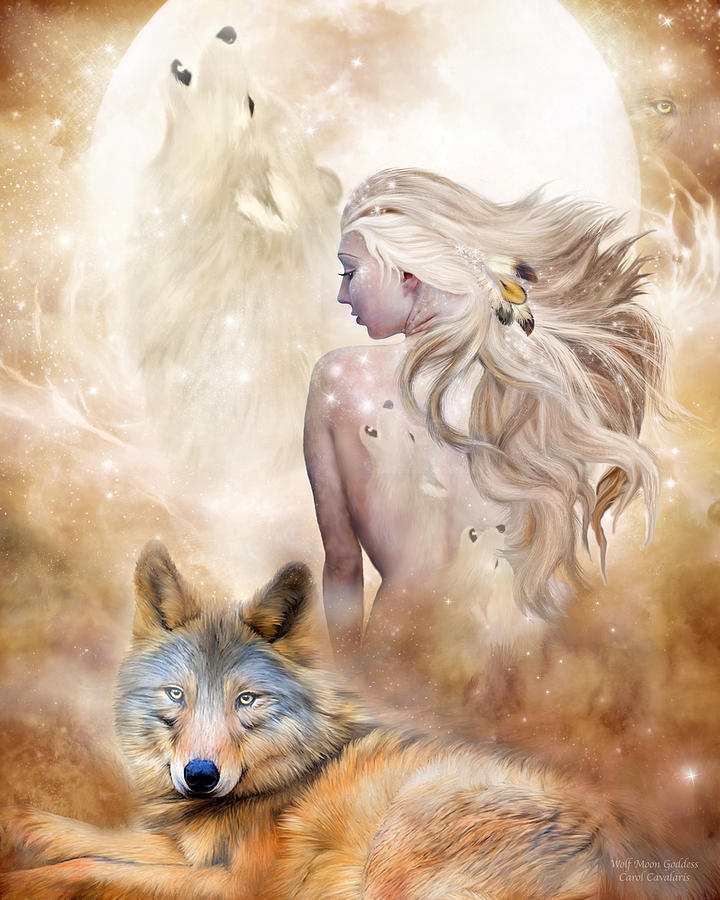 Wolf Moon Goddess Mixed Media by Carol Cavalaris