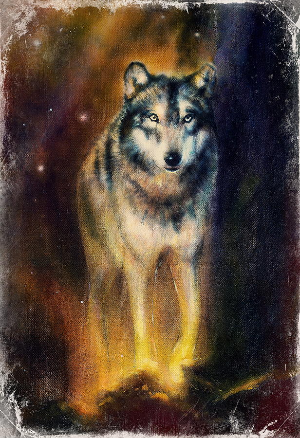 Wolf painting on canvas color background on paper multicolor