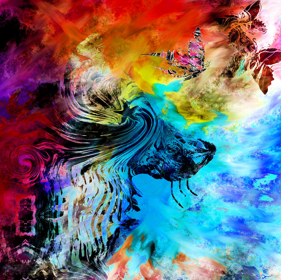 Wolf playing with butterflies Digital Art by Abstract Angel Artist Stephen K