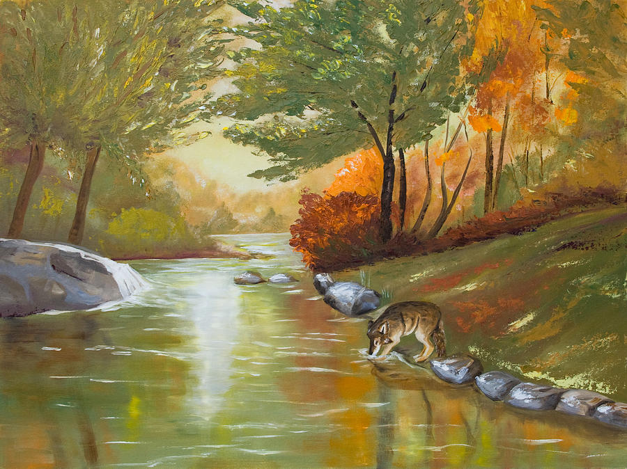 Wolf Watering Painting by Dorothy Riley