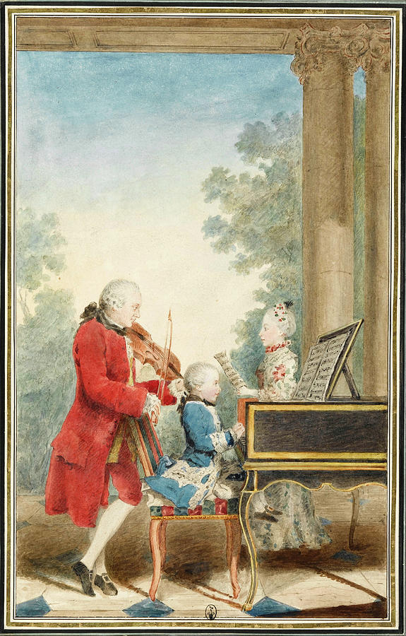 Wolfgang Amadeus Mozart  playing in Paris with his father Jean-Georg Leopold and his sister  Drawing by Louis Carrogis Carmontelle