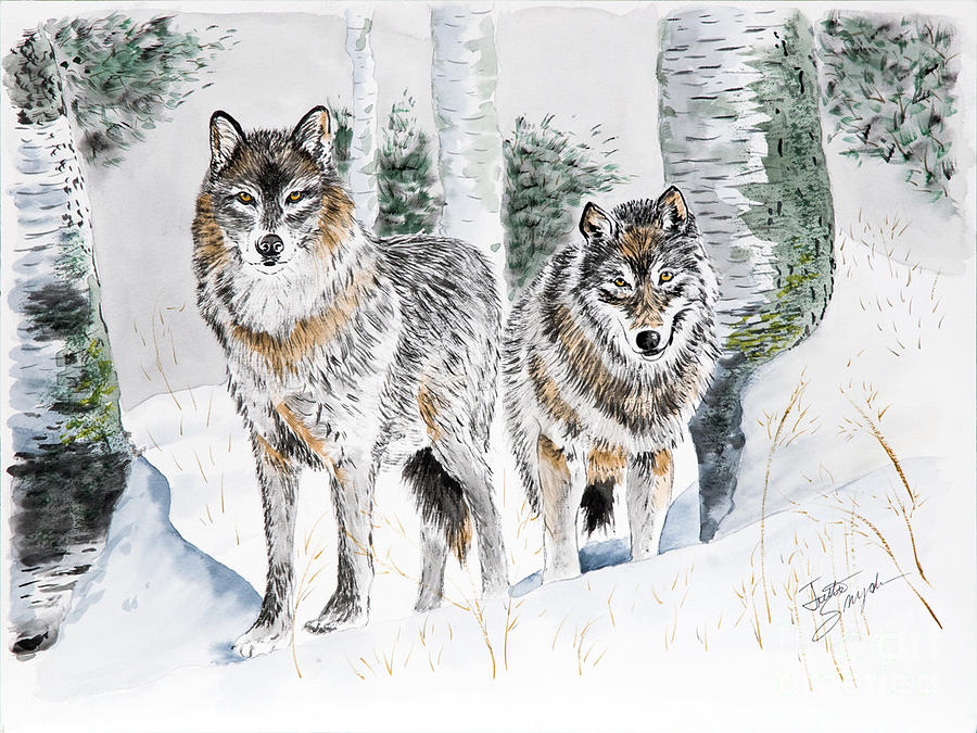 Wolves in the Birch Trees  Painting by Joette Snyder