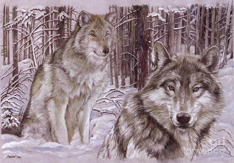 Wolves In The Snow Painting by Morgan Fitzsimons