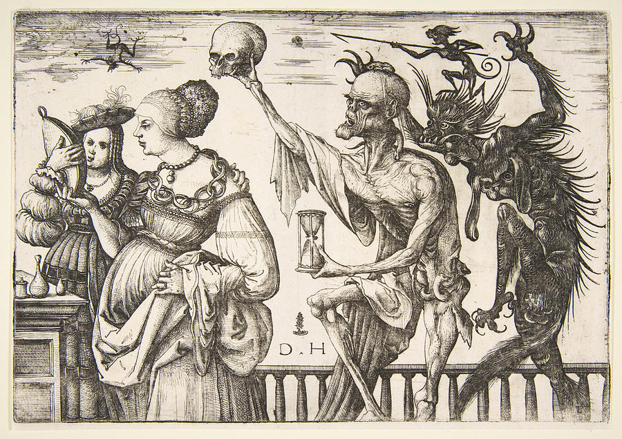 Woman and Attendant Surprised by Death Drawing by Daniel Hopfer