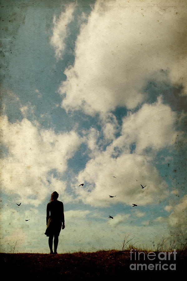 Woman and birds with dramatic sky Photograph by Clayton Bastiani