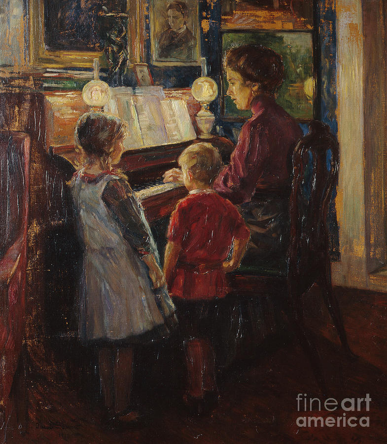 Woman and child by the piano Painting by O Vaering
