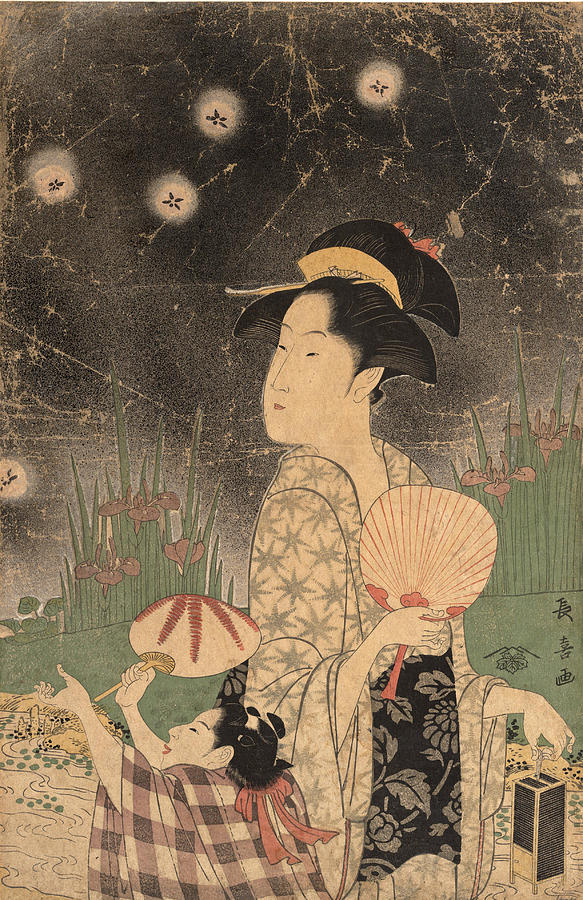 Flower Drawing - Woman and Child Catching Fireflies by Eishosai Choki