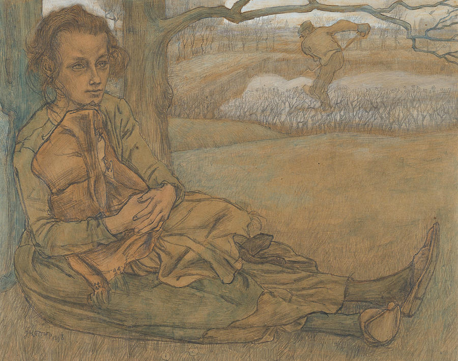 Woman and Child Resting, a Man Working in the Field Beyond Drawing by Jan Toorop