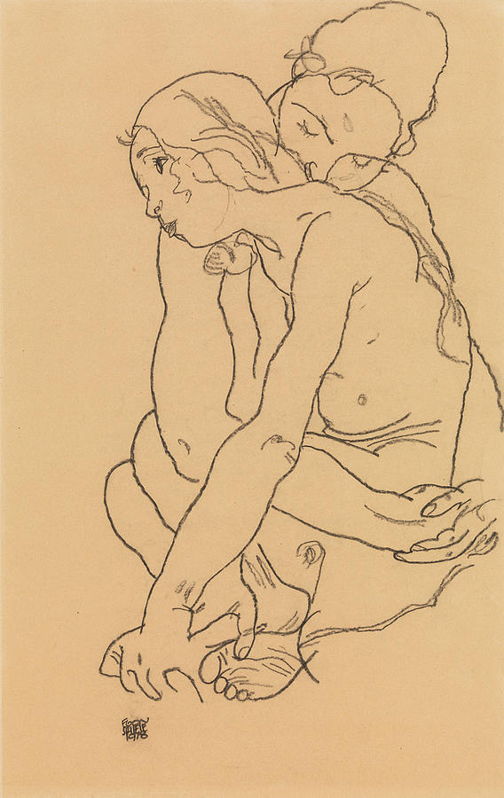 Woman and Girl Embracing Drawing by Egon Schiele