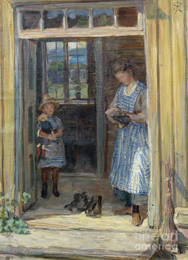 Woman and girl in doorway Painting by August Eiebakke