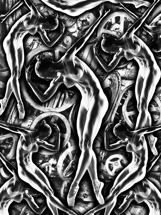 Black And White Painting - Woman In The Machine Frieze 3 by Tony Rubino