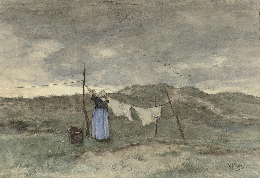 Woman at a Clothesline in the Dunes Painting by Anton Mauve