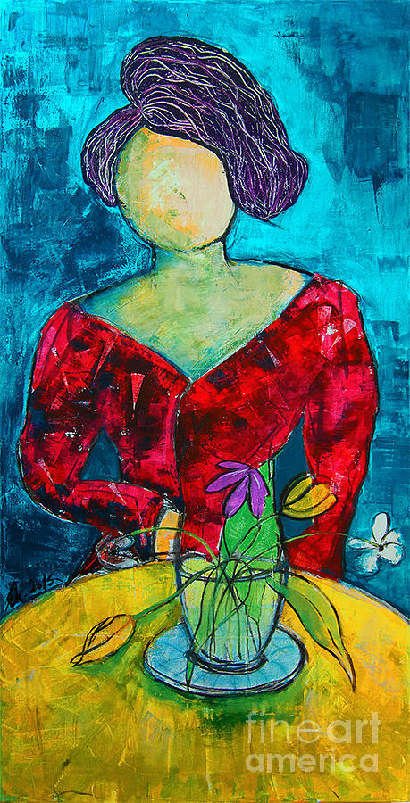 Abstract Painting - Woman at yellow table by Nicole Philippi