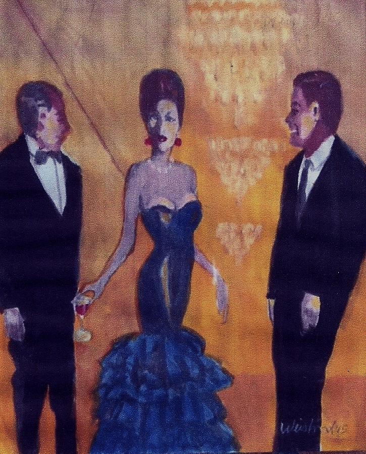 Woman Blue Gown Chandeliers Men Painting