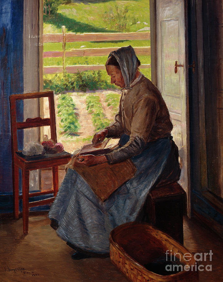 Woman carding Painting by O Vaering by Sven Joergensen